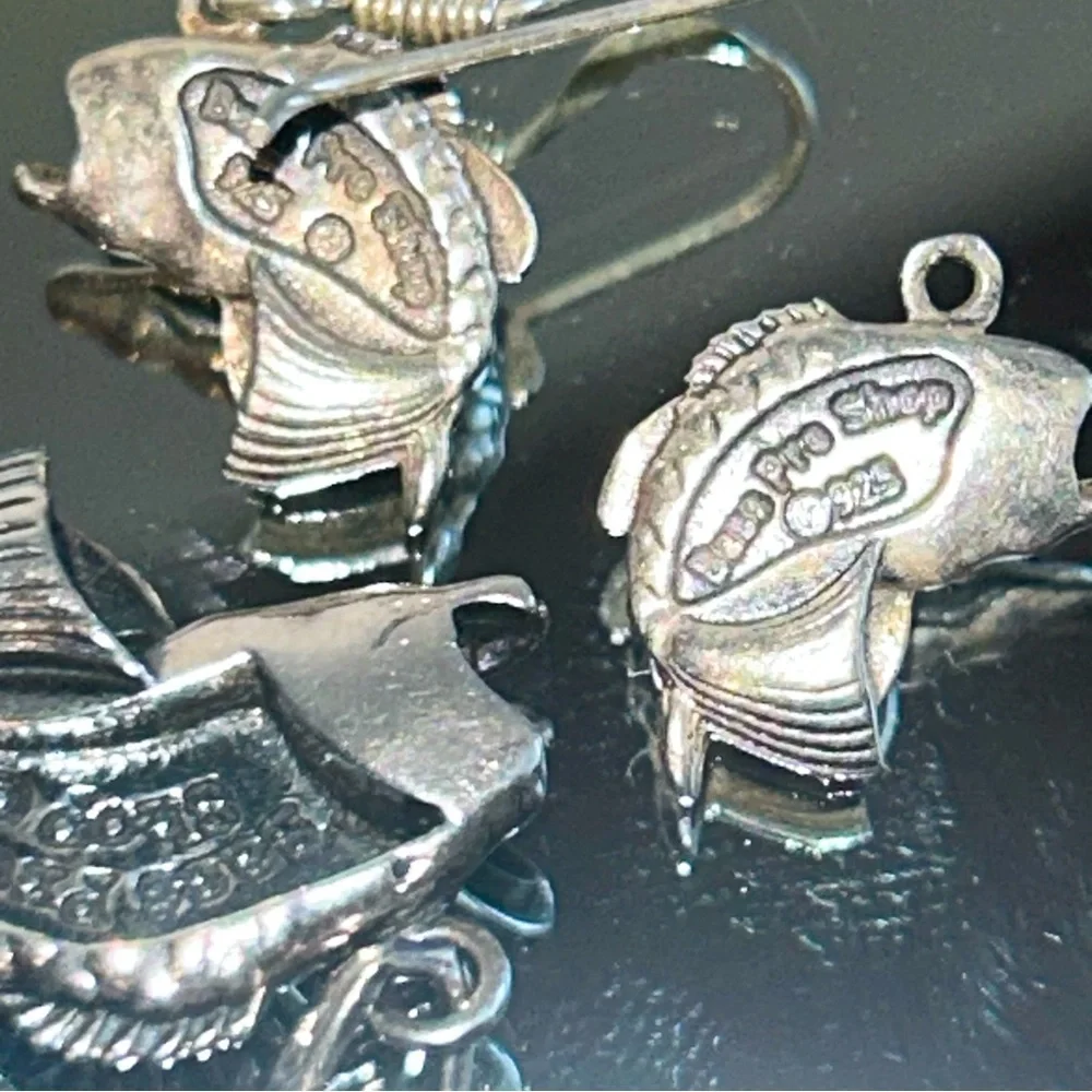 Sterling Silver 3D Big Mouth Bass Fish Charm Pendant Earrings Set Collectible
